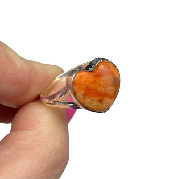 Sponge Coral Heart Shaped Ring Size 10 Solid 925 Sterling Silver Orange Boho - Picture 6 of 7
